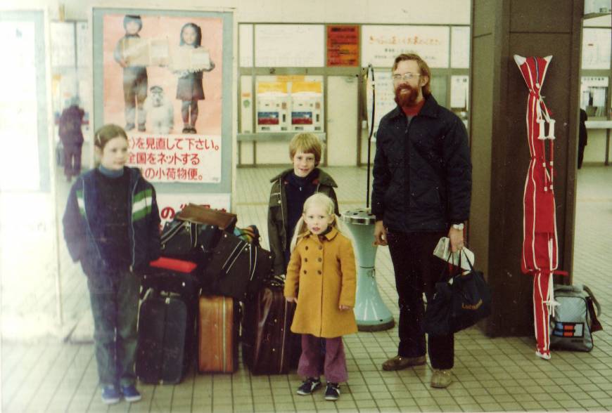 Jim Breen and his three children at the matsumoto station in 1981