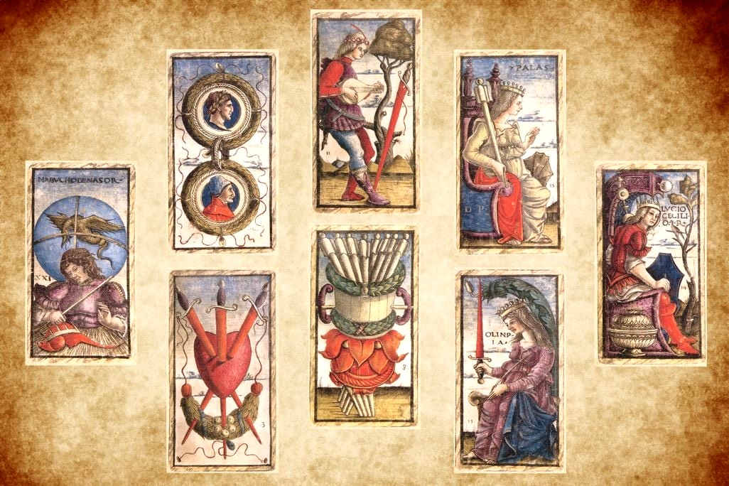 Cards from the Sola Busca, the earliest extant example of a complete 78-card tarot deck, made in Italy in the late 1400s.